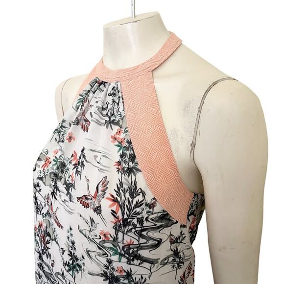H&M Asian Garden Crane Bird Print Halter T-back Blouse SZ 6 - Picture 4 of 12